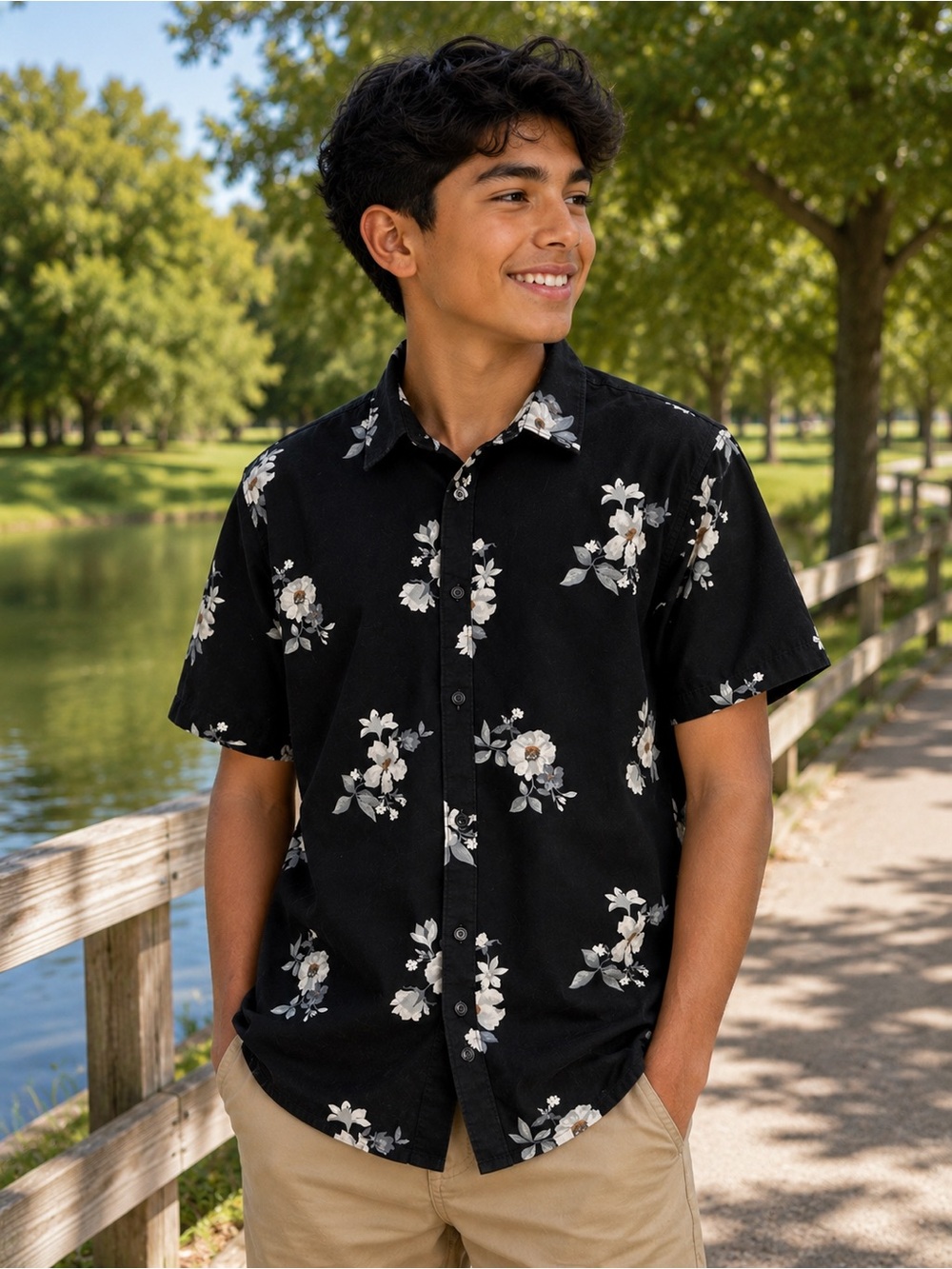 Denim & Flower by Ricky Singh Boys Black Floral Button-Up Shirt – Size L
